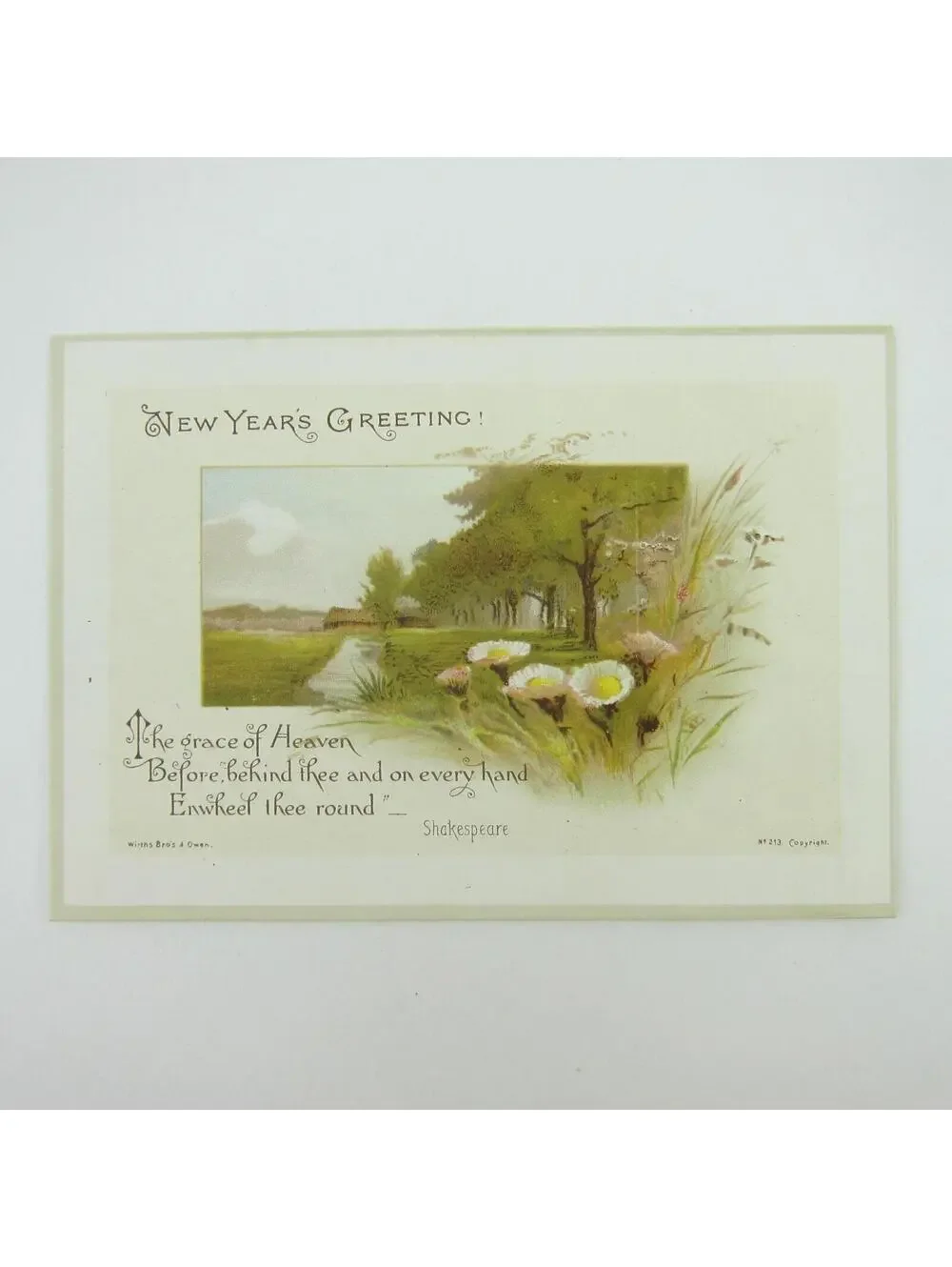 Victorian Greeting Card New Years Wirths Bros & Owen House Flowers Trees Antique